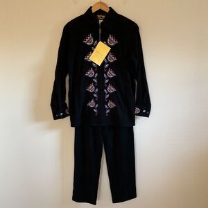 Bob Mackie Wearable Art Black Embroidered Abstract Floral Jacket & Pants Set XS